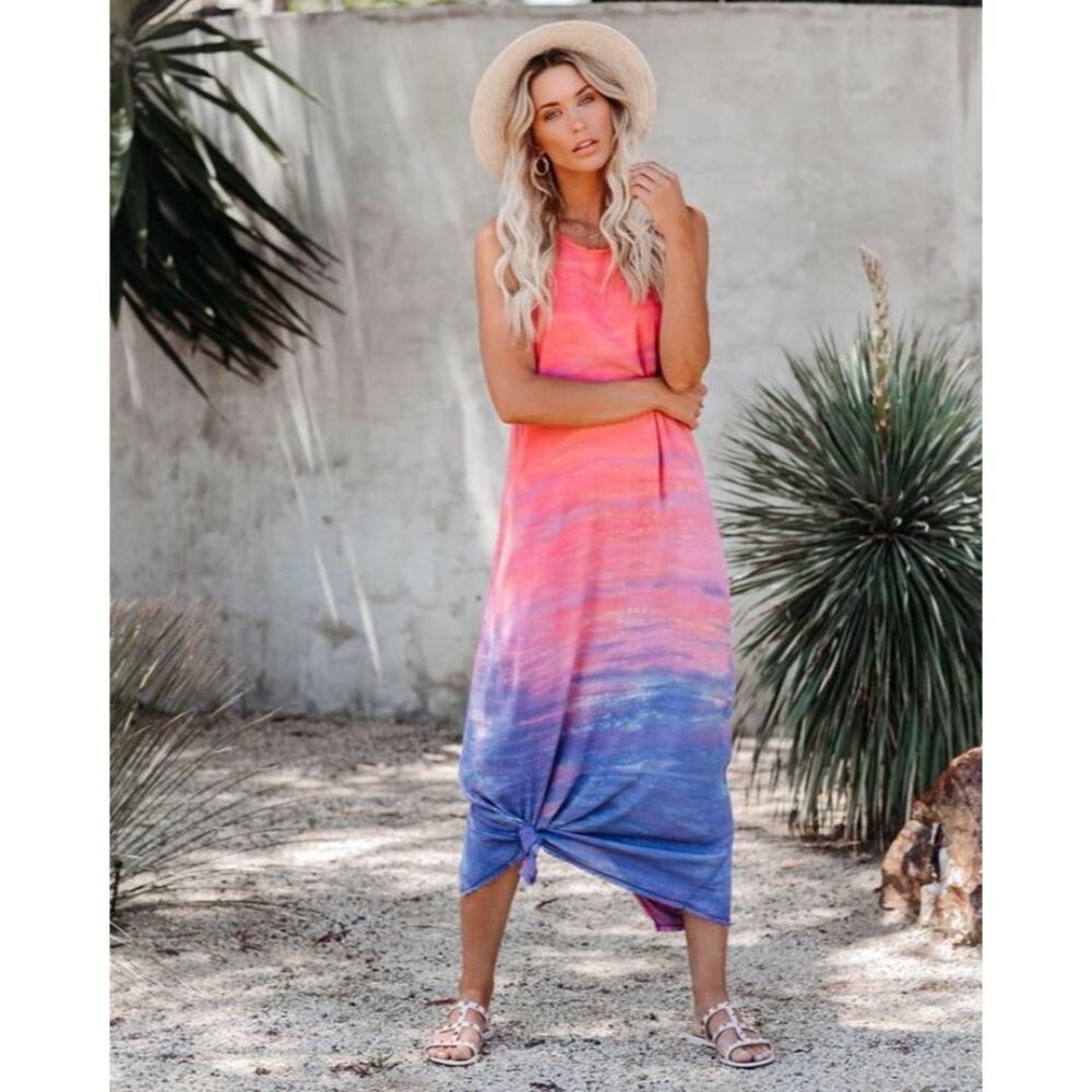 Sam Lavi Sunset Soiree Frayed Tank Maxi Dress Size Medium Cover Up Ombré - Picture 2 of 12